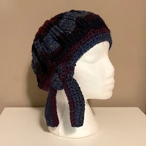Ladies crocheted hat side tie blue